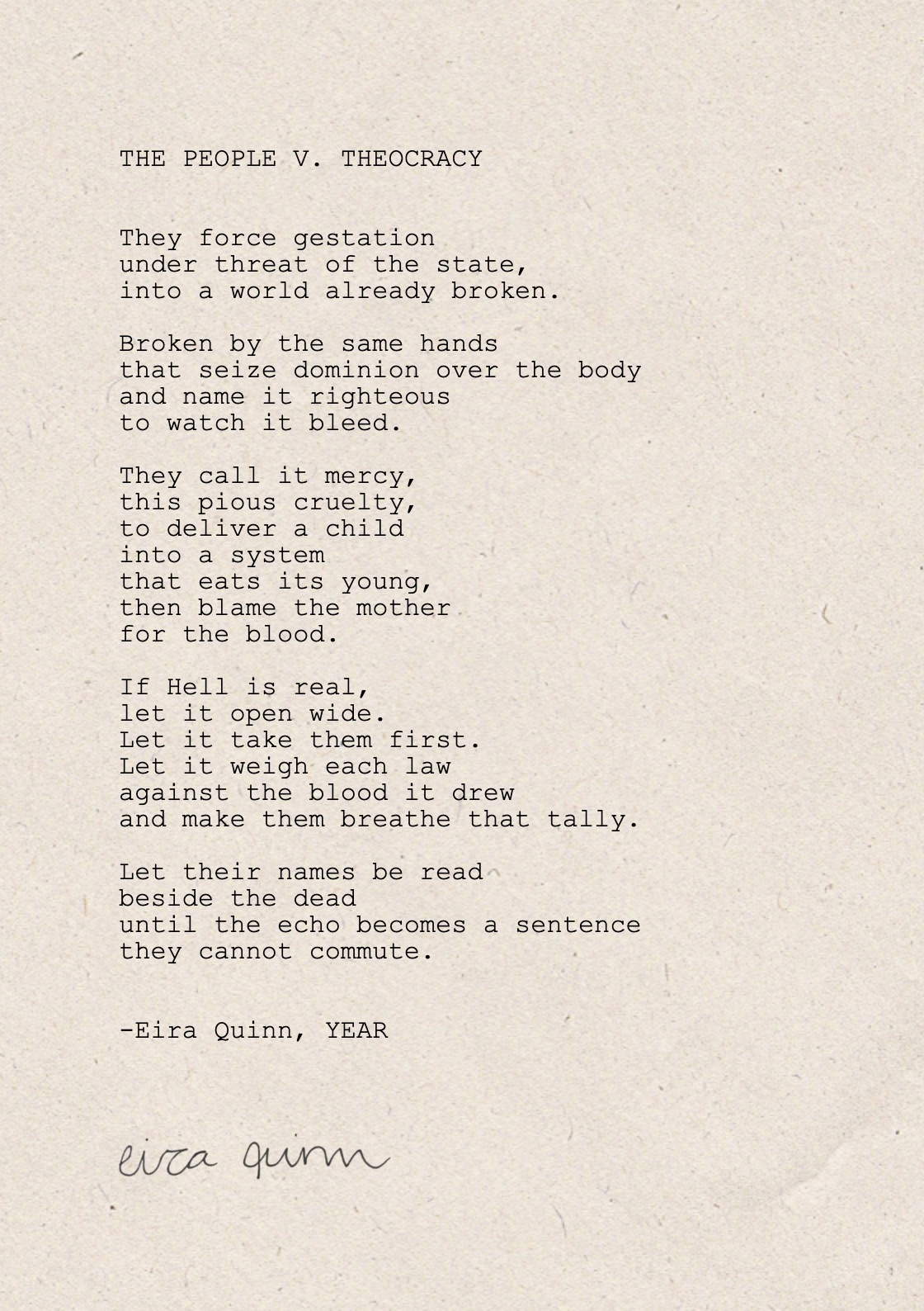 Mockup of "The People v. Theocracy" hand-typed on A5 handmade paper